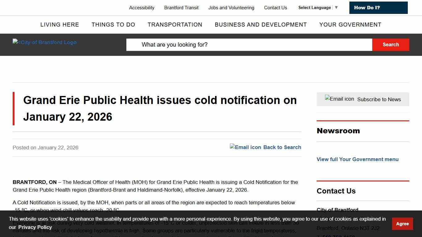 Grand Erie Public Health issues cold notification on January 22, 2026 - City of Brantford